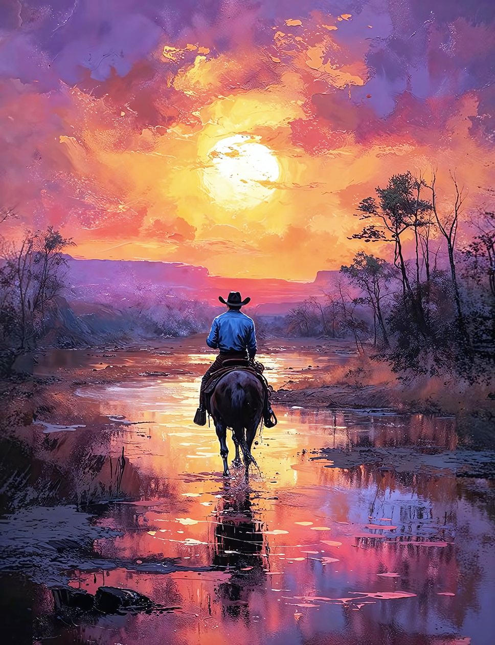 Chevalier occidental dans un paysage de coucher de soleil rouge - F. Abderrahim