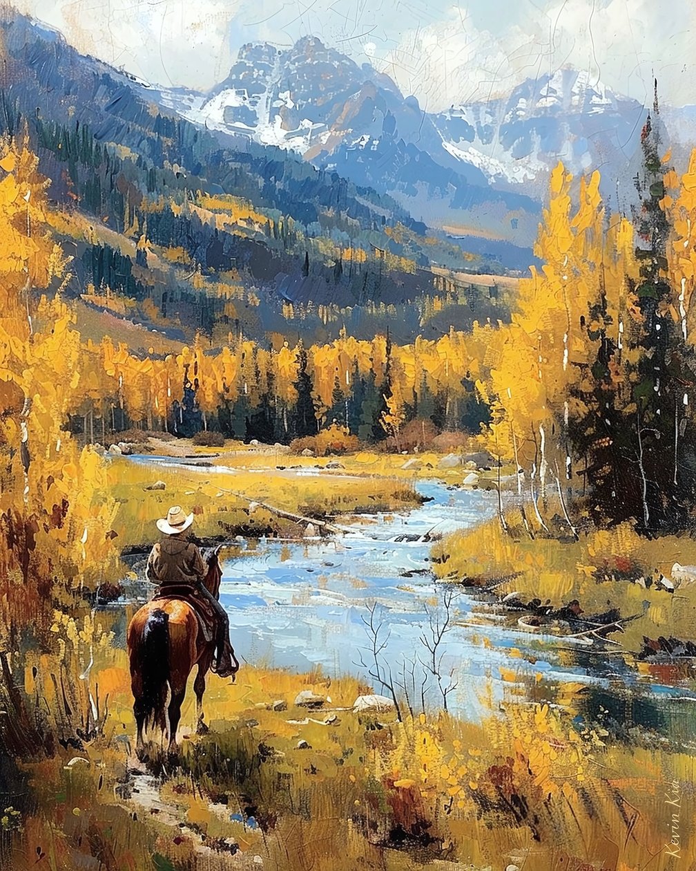 Chevalier à cheval dans un paysage avec des collines luxuriantes - F. Abderrahim