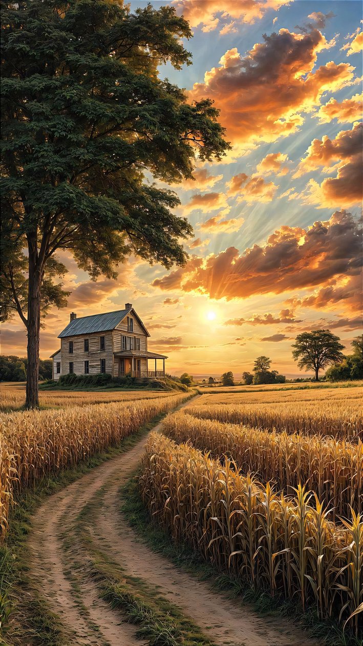 Maison de campagne sur un chemin de terre, entourée d