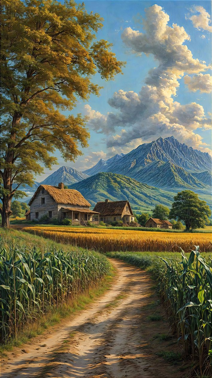Un chemin de terre serpente à travers un champ de maïs et des montagnes, impression sur toile en ligne - F. Abderrahim