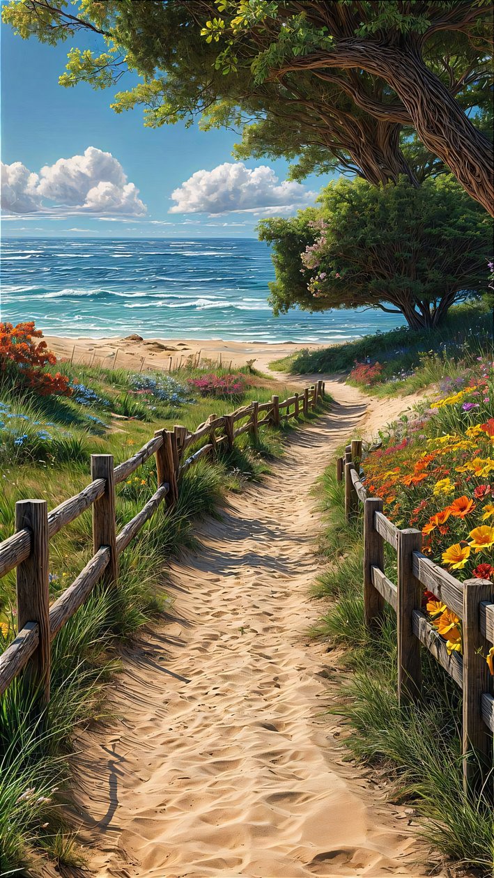 Un chemin de sable mène à une belle plage avec une clôture en bois et des fleurs colorées. - F. Abderrahim