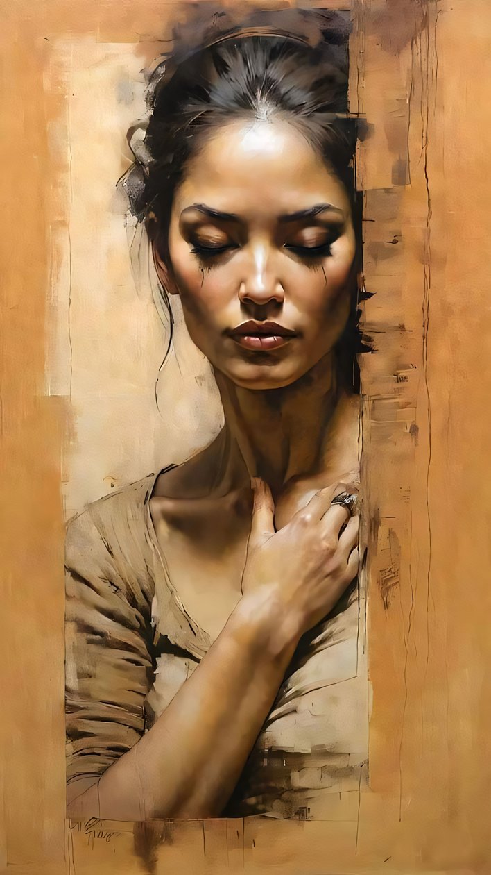 Belle femme derrière la porte sur fond marron clair, impressions sur toile - F. Abderrahim