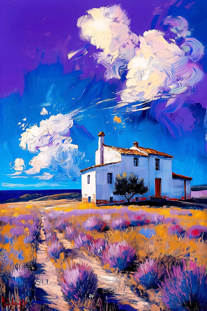Paysage de maison de campagne, champ de lavande, ciel bleu et nuages blancs - F. Abderrahim