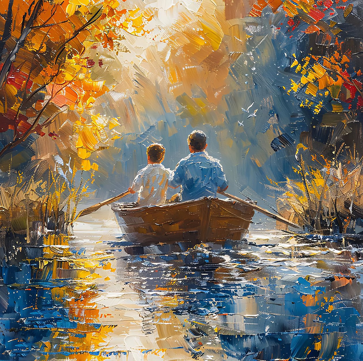 Père et fils sur un bateau naviguant sur un cours d