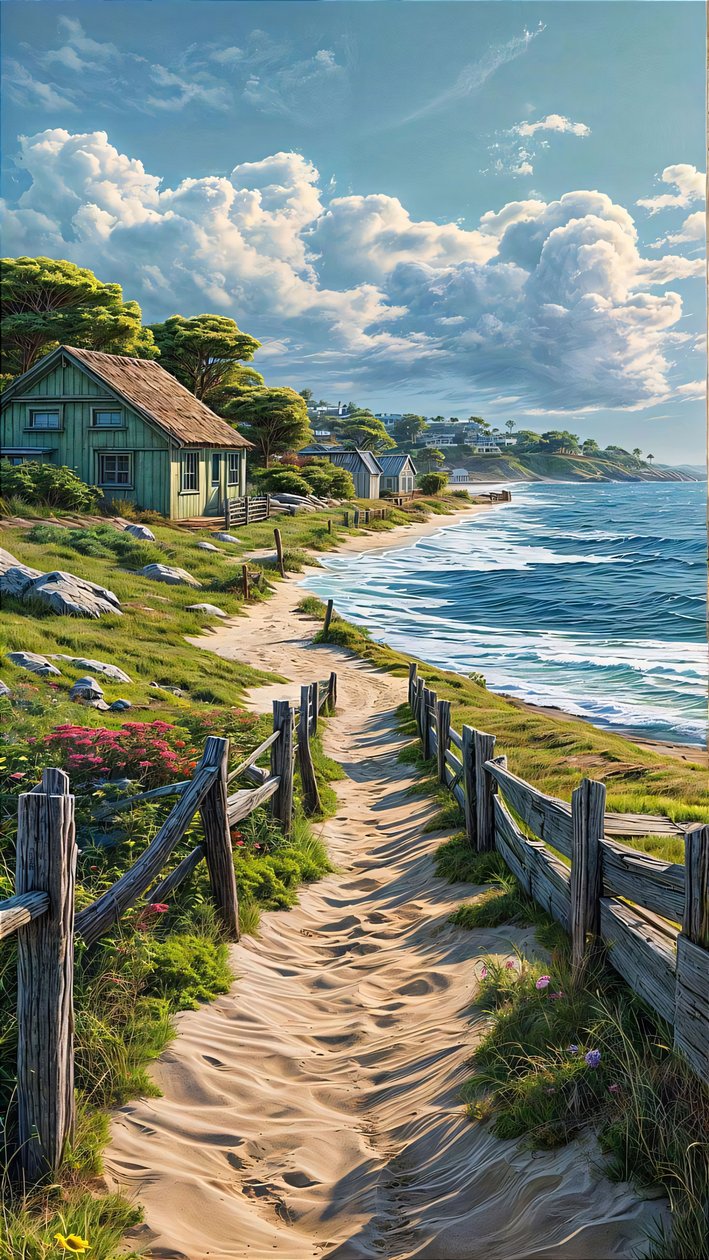 Un chemin de sable mène à un petit village au bord de la mer, idées de décoration murale - F. Abderrahim