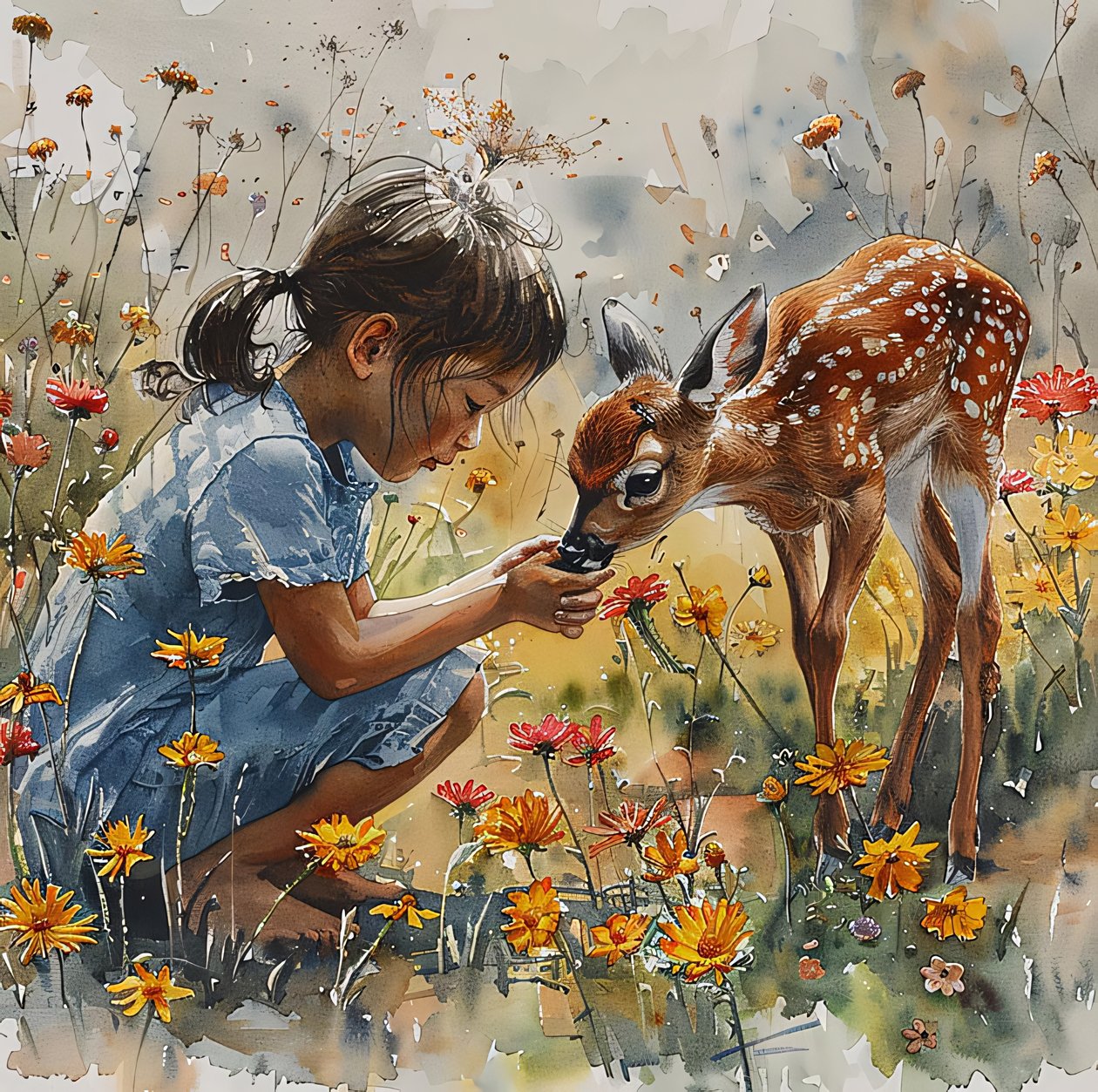 aquarelle Fille nourrissant un bébé cerf, chevreuil tacheté - F. Abderrahim