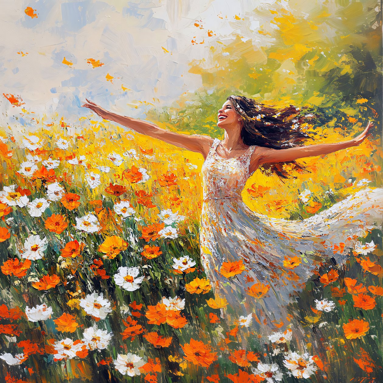 Femme souriant et dansant dans une prairie fleurie - F. Abderrahim