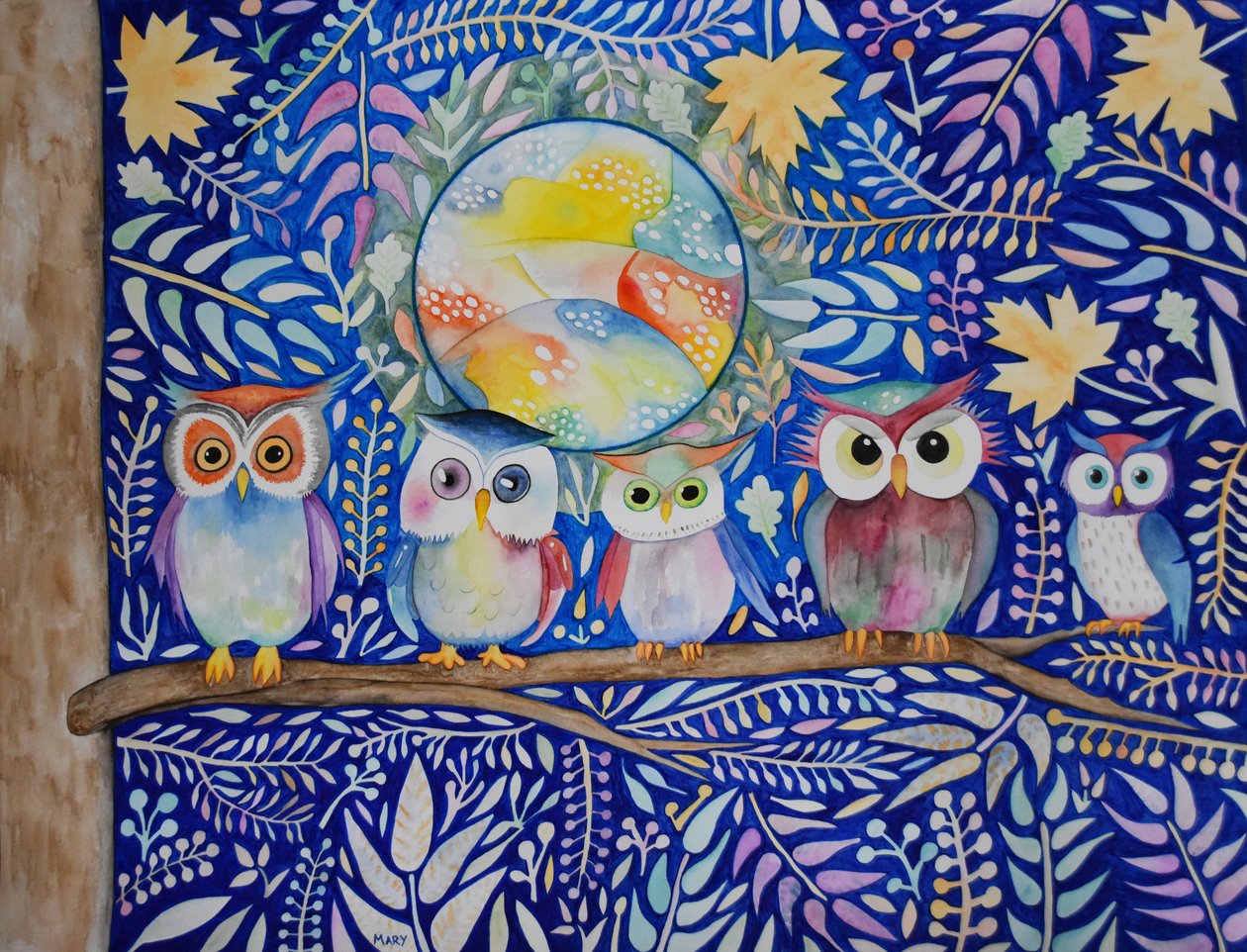 Hiboux la nuit - Marys Watercolors
