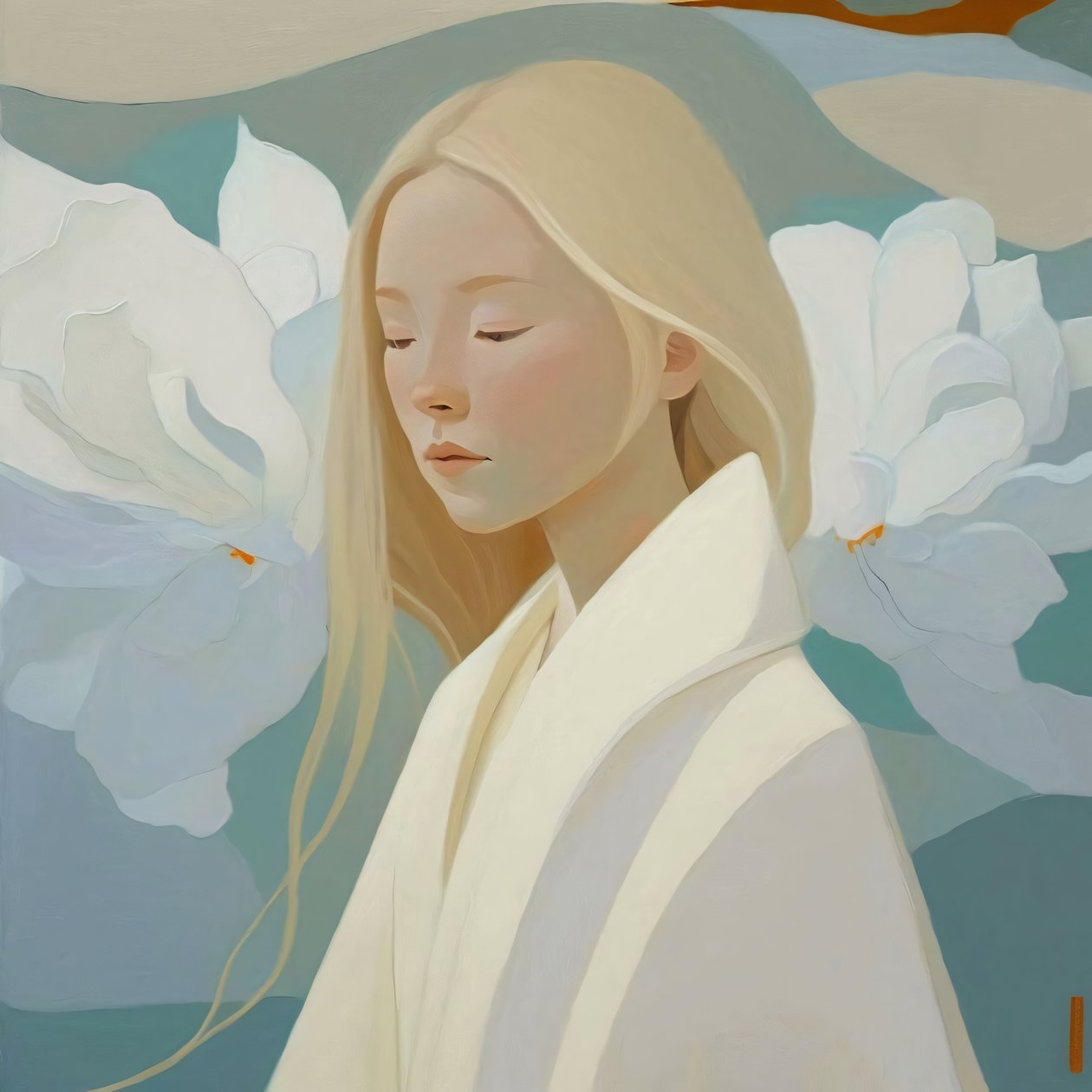 Belle femme aux cheveux clairs en blanc, décor mural encadré - F. Abderrahim