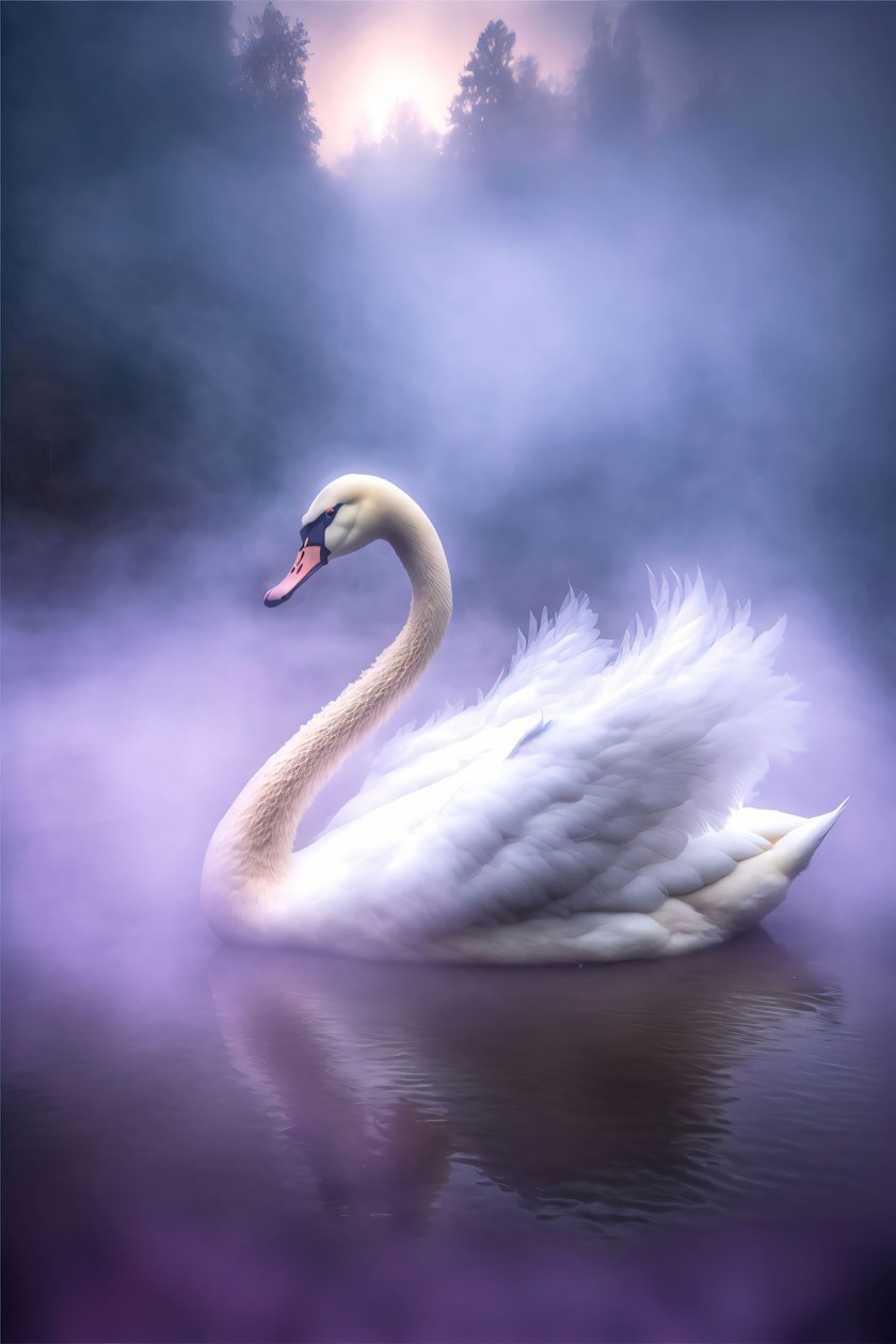 Cygne blanc aux ailes déployées sur une surface d