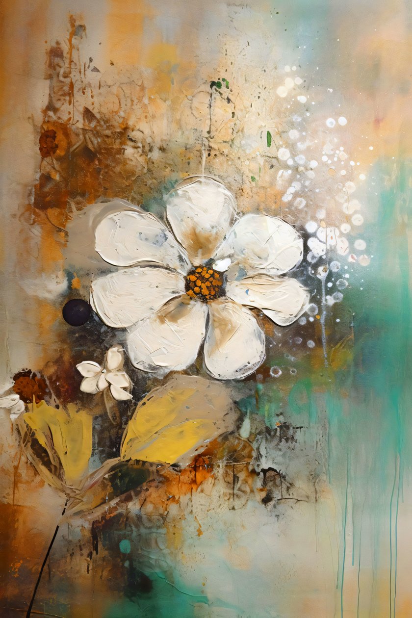 Ballet Floral Texture Epaisse, Fleurs Ocre Jaune Noir, décoration murale classique - F. Abderrahim