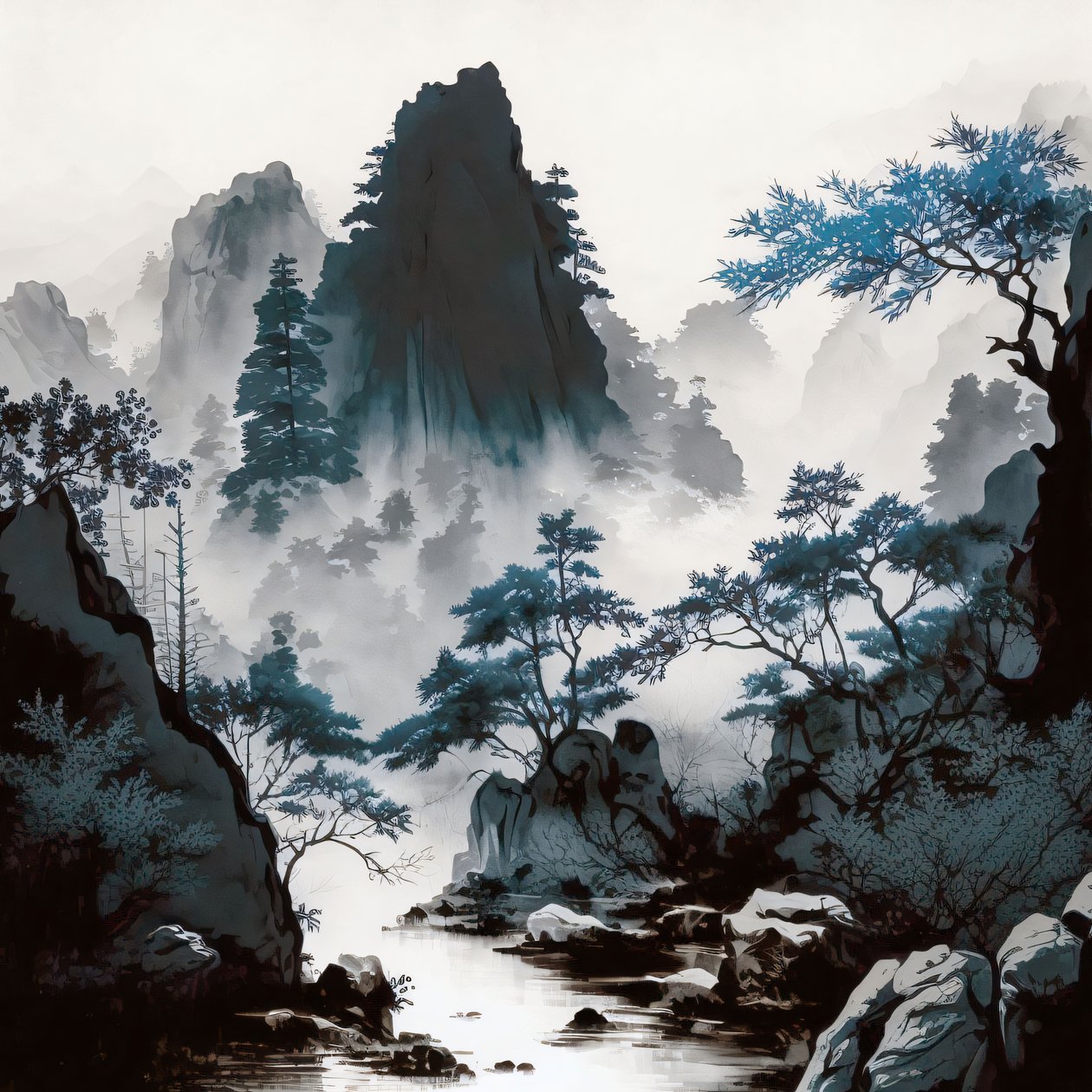 Cyanotype Mountain River Mist in Shan Shui Style, décors muraux encadrés - F. Abderrahim