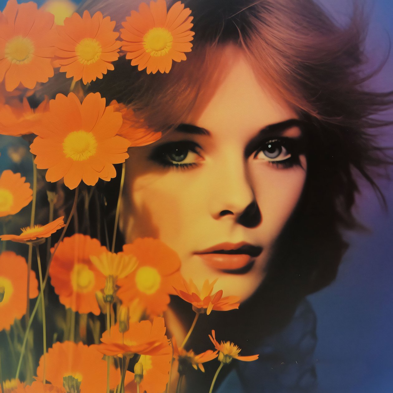 portrait de femme vintage et fleurs, A Retro Floral Vision, online art prints - F. Abderrahim