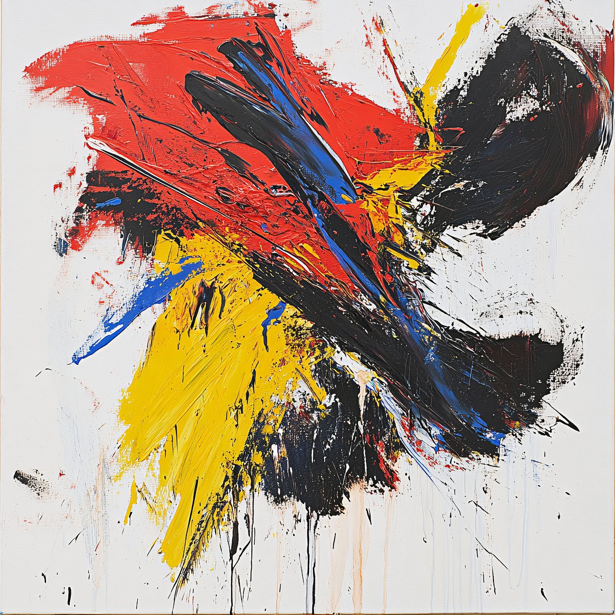 Peinture abstraite colorée à coups de pinceau, rouge, bleu, jaune et noir ; impressions sur toile - F. Abderrahim