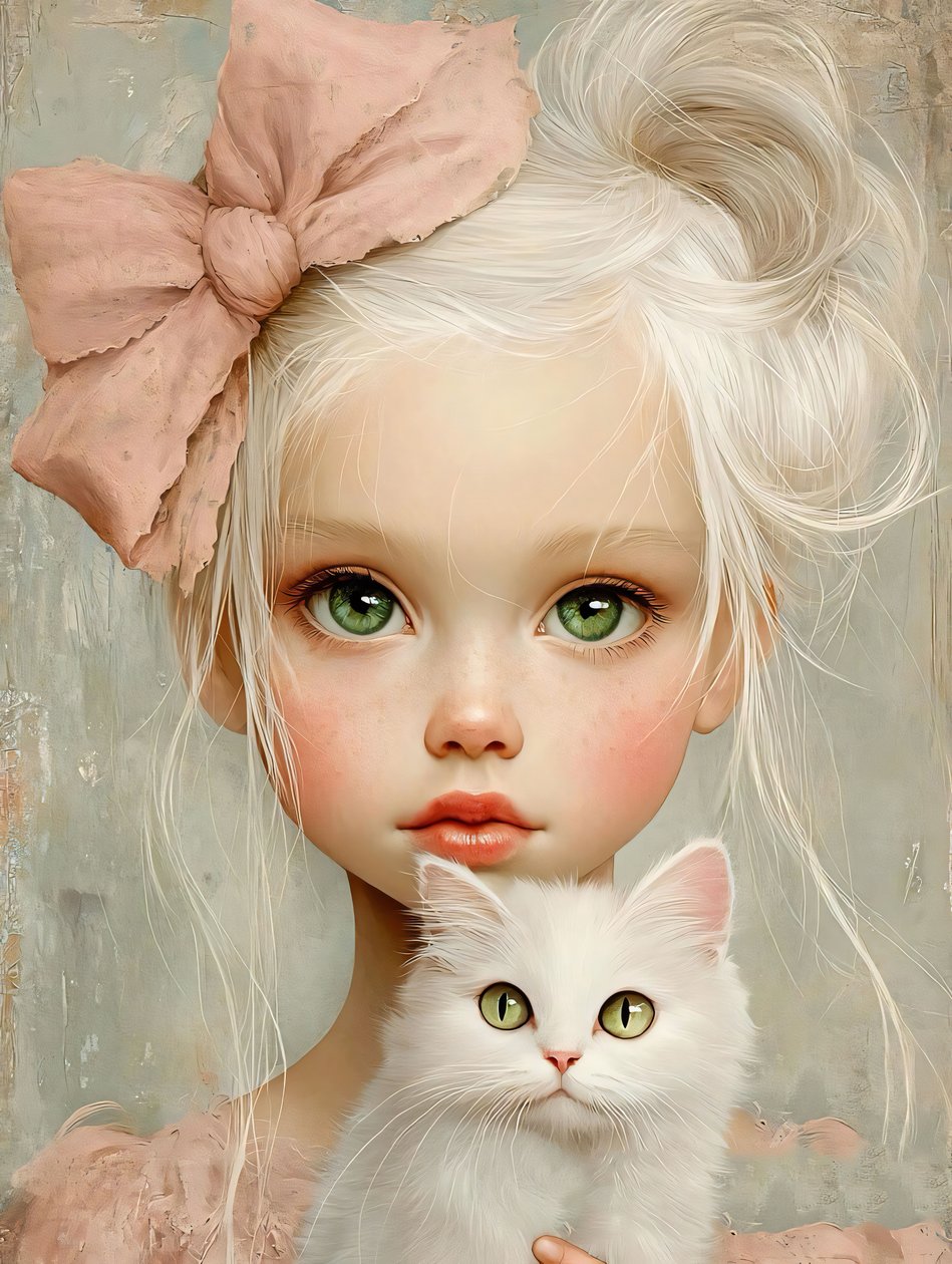 Petite fille au chat , décor mural | impression sur demande - F. Abderrahim