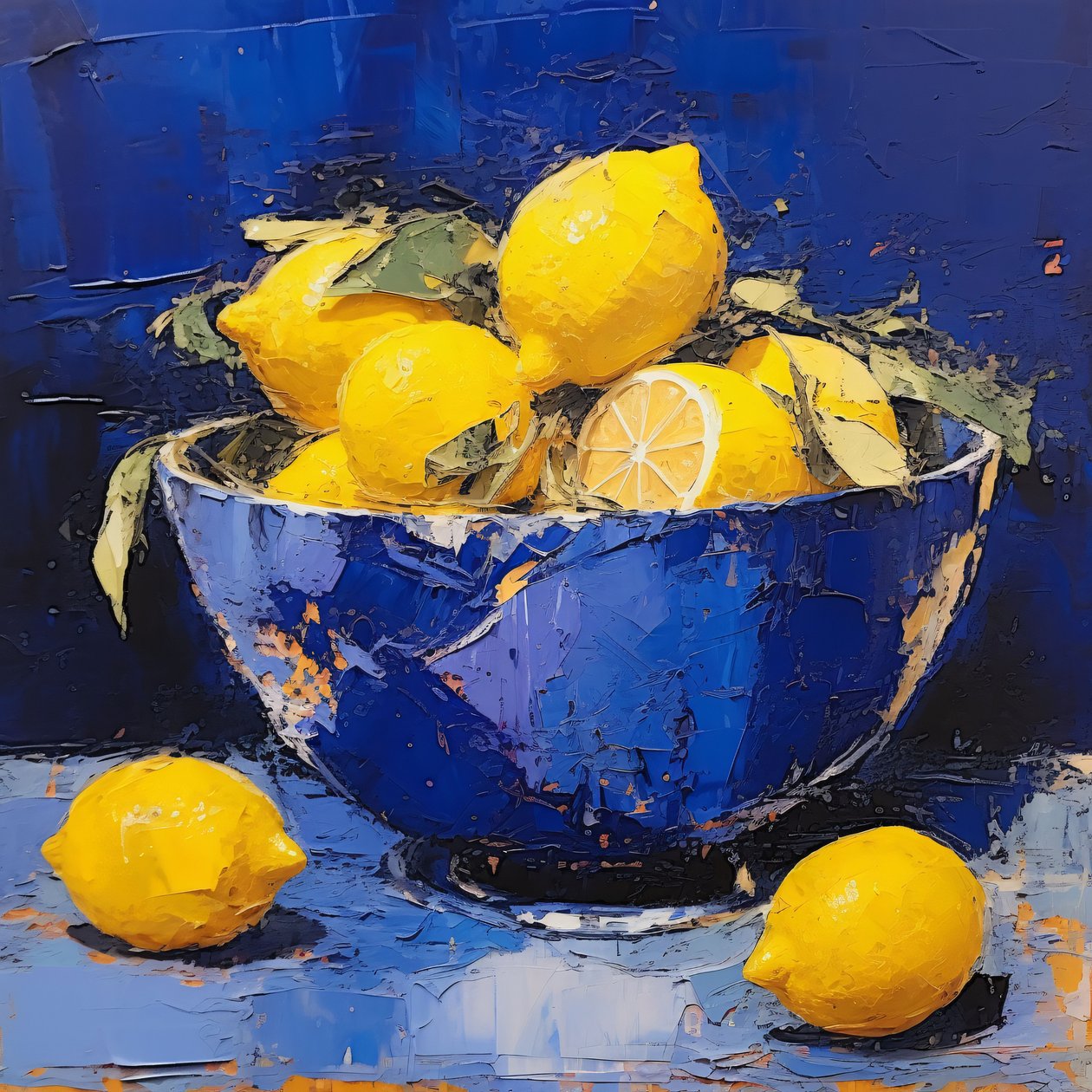 Un vase en céramique bleue avec du citron dans la cuisine, Décor mural encadré - F. Abderrahim
