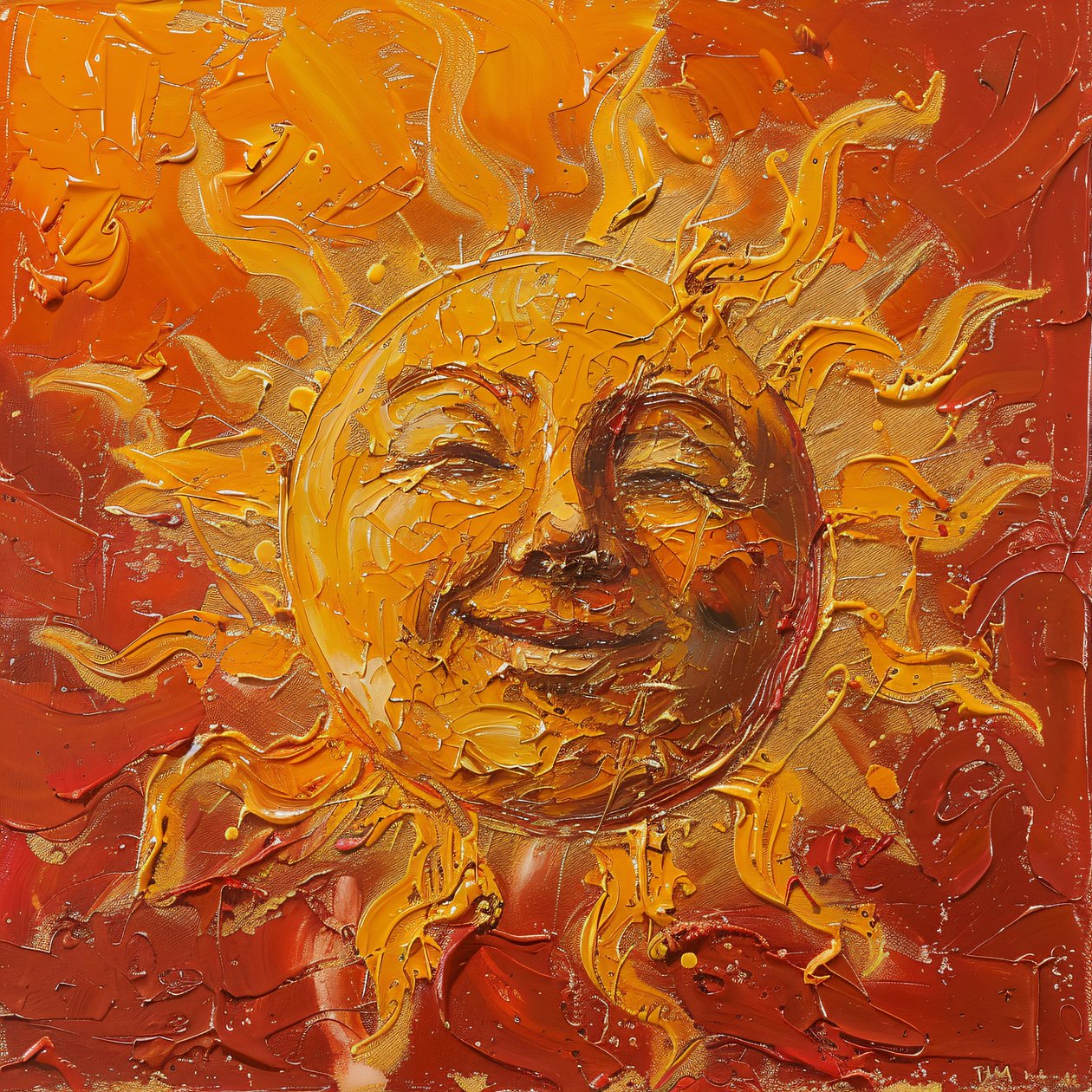Un soleil joufflu peint sur un fond rouge et voilé, reproductions sur toile - F. Abderrahim