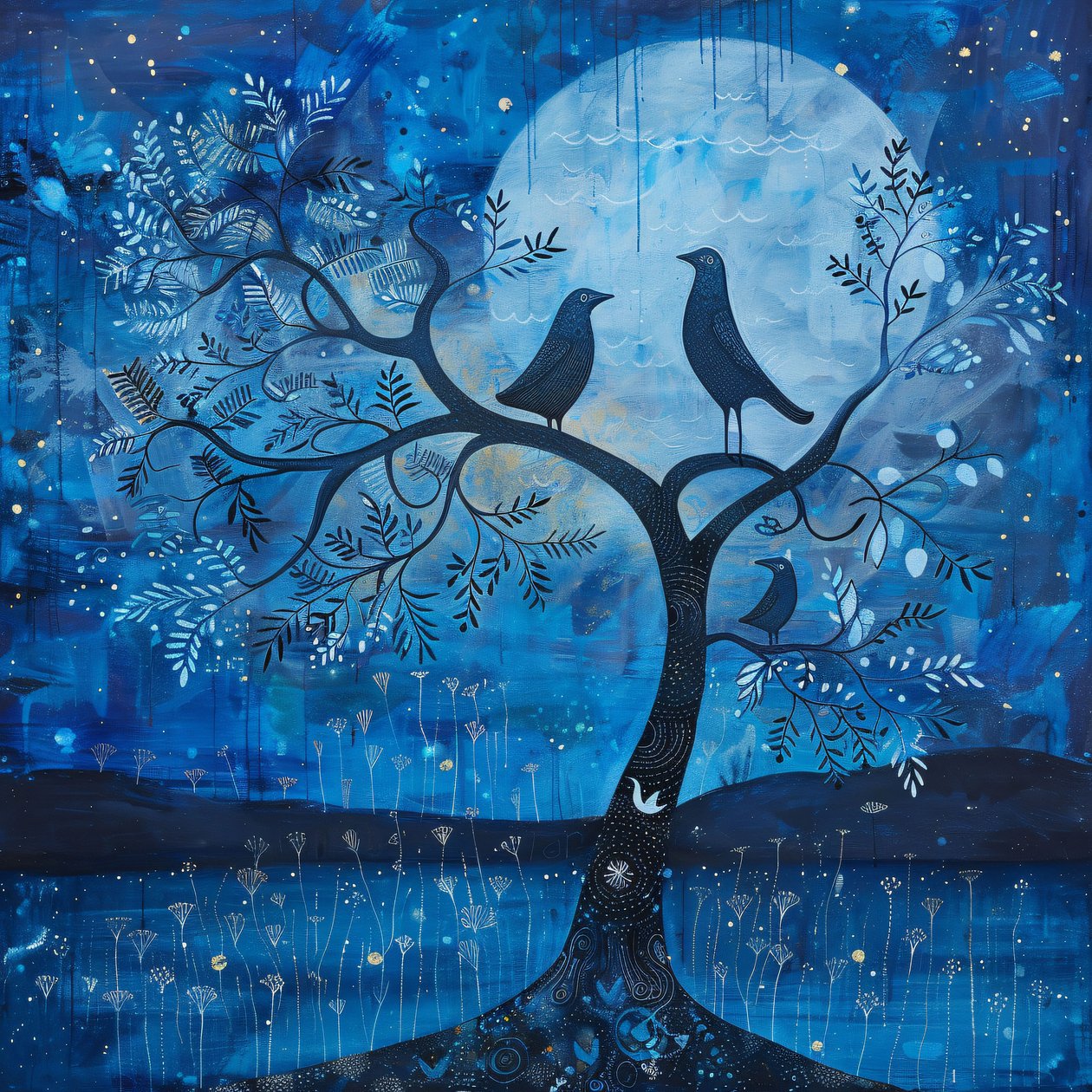 Blue Moon  bird, Starry Night Magic, Modern wall decor | print on demand - F. Abderrahim