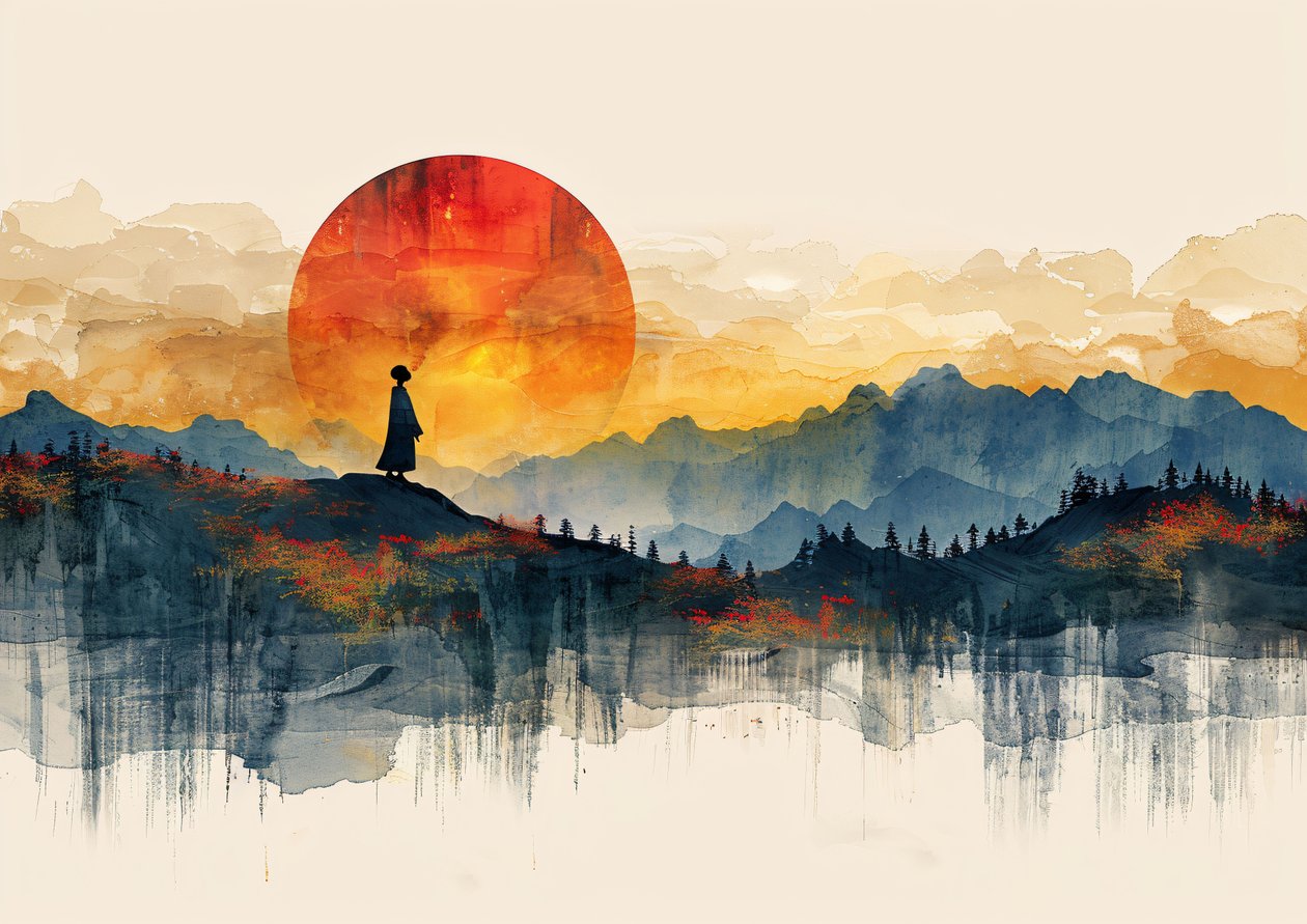 Geisha debout, paysage minimaliste et coucher de soleil, Décoration murale moderne | impression sur demande - F. Abderrahim