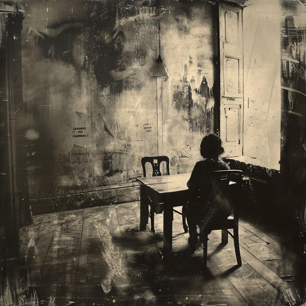 Fille assise seule dans une pièce sombre et triste, décoration murale pour chambre à coucher - F. Abderrahim