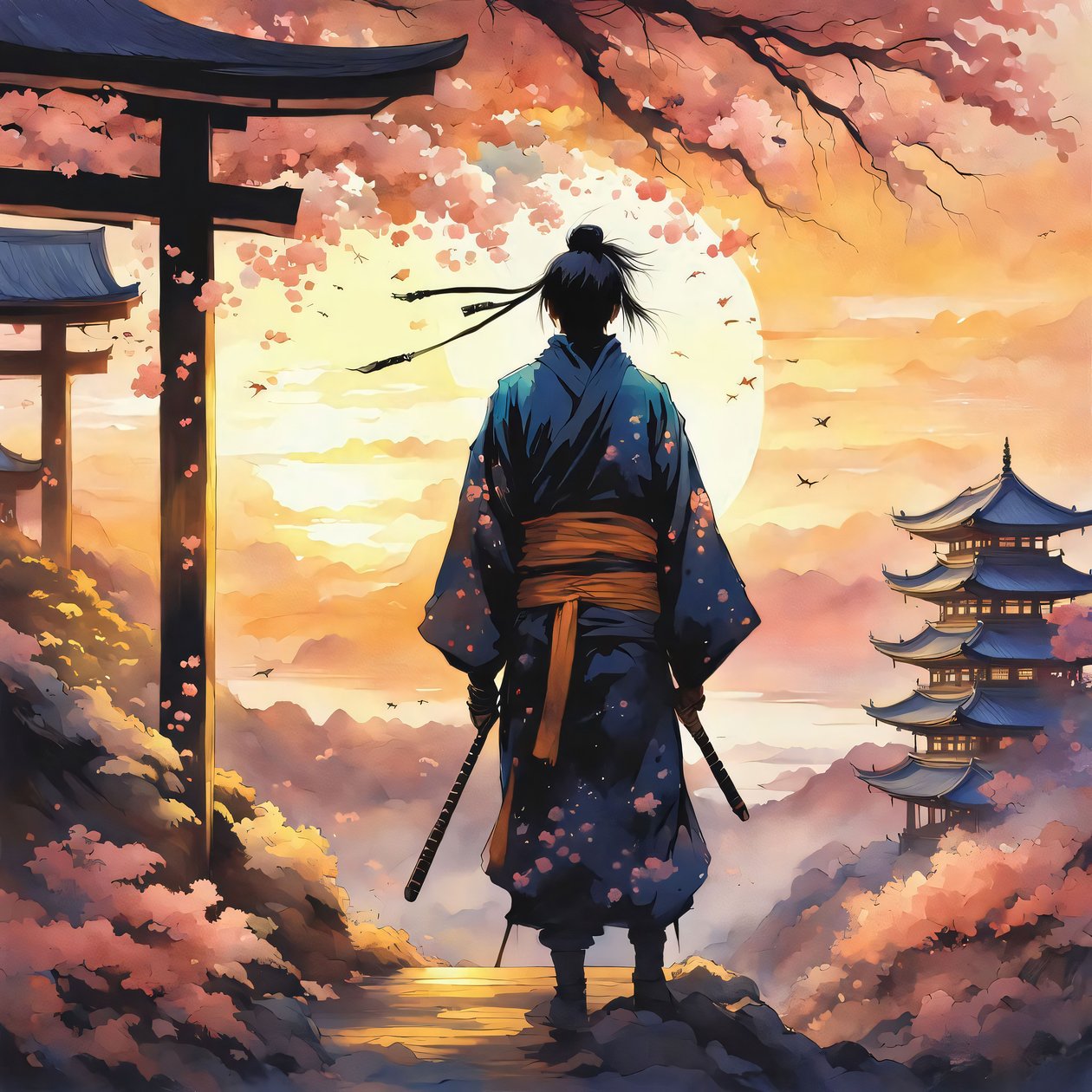 Samouraï japonais, dans un temple sur une montagne, couleurs roses, Impressions sur toile personnalisées - F. Abderrahim