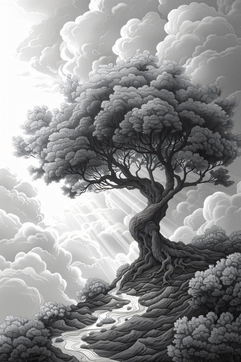Formation rocheuse majestueuse, portail naturel, tempête et arbre spectaculaires, décor mural encadré, - F. Abderrahim