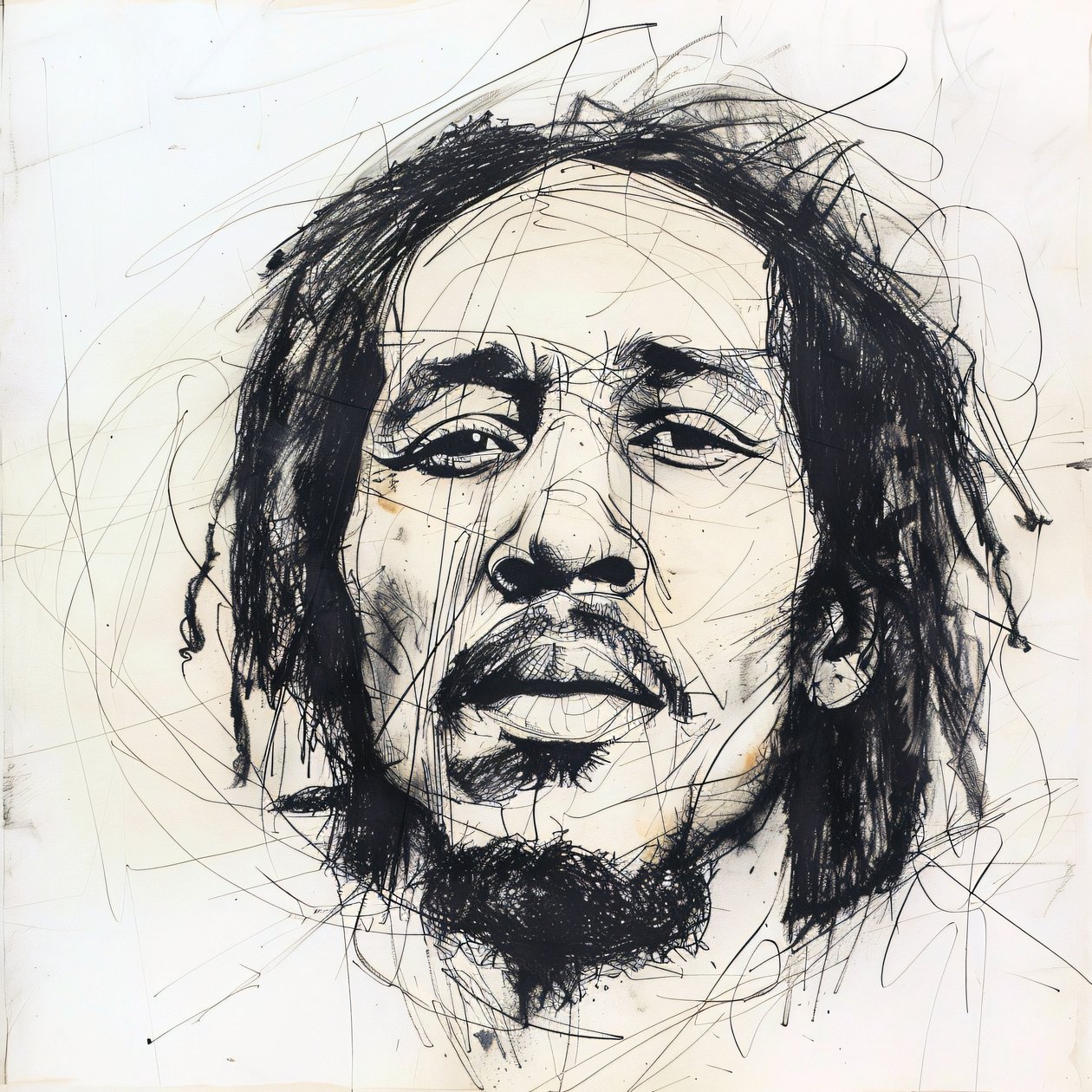Esquisse minimaliste de Bob Marley, chanteur célèbre, musique, décorations murales - F. Abderrahim
