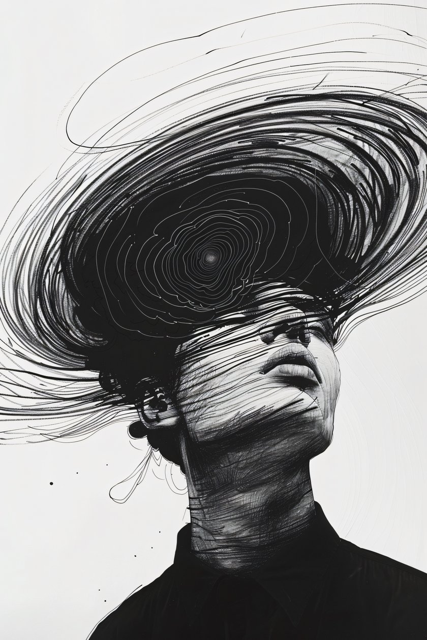 Dessin minimaliste, Homme dans le tourbillon de la dépression, impression sur toile en ligne sur demande - F. Abderrahim