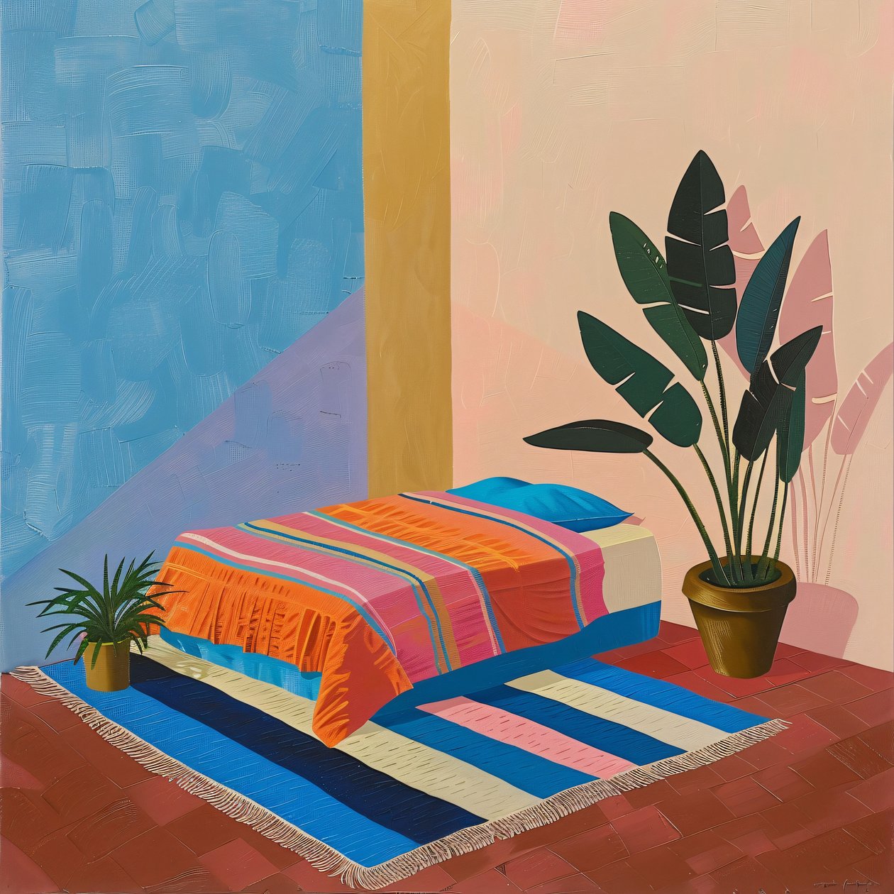 Lit mexicain minimaliste dans le style de David Hockney, impressions d