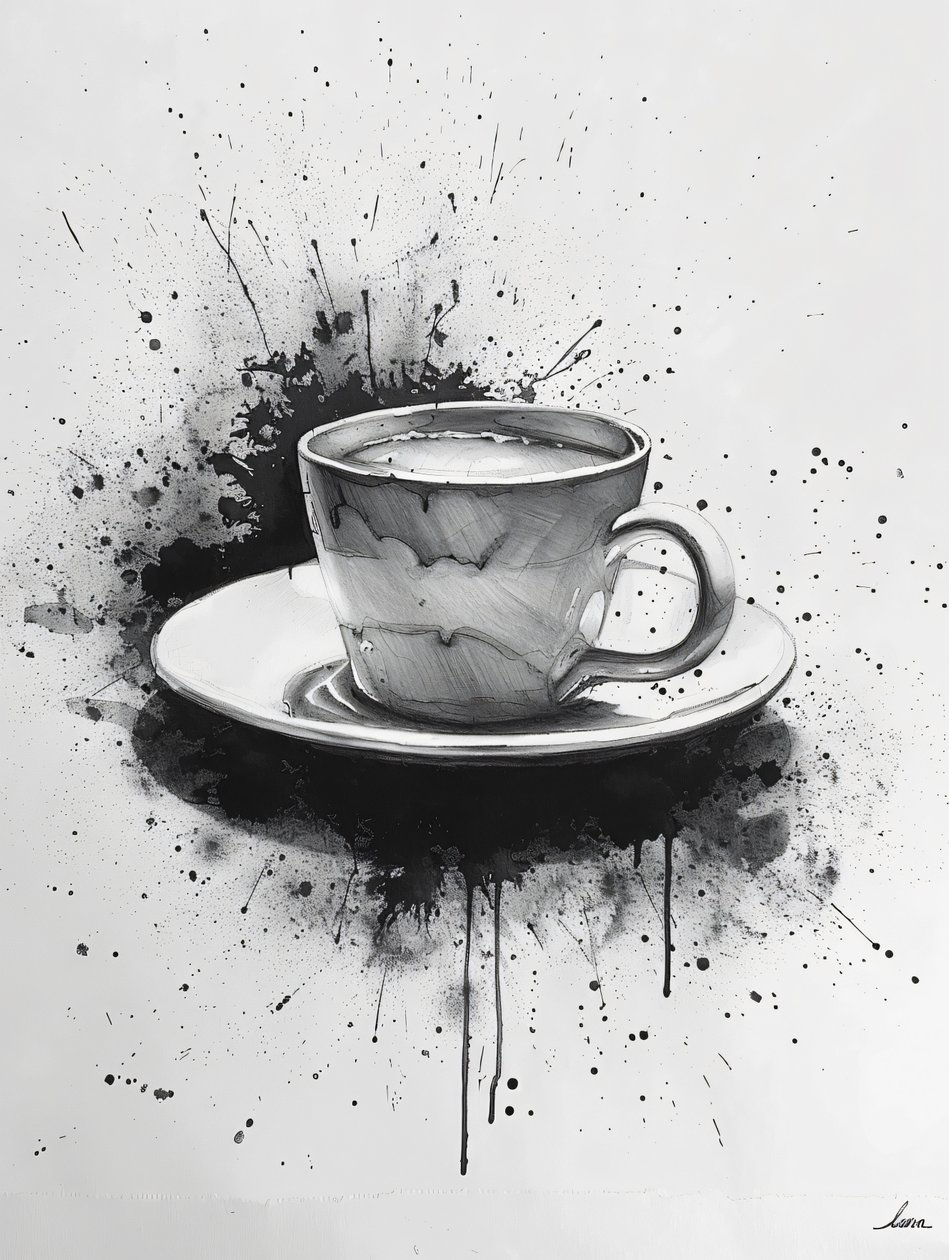 Scène noire minimaliste en ligne unique avec des taches de café, tirages d