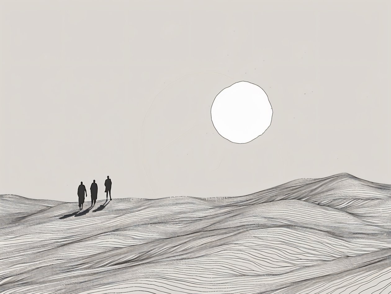 Esquisse minimaliste, hommes marchant dans une procession au soleil du désert, tirages d