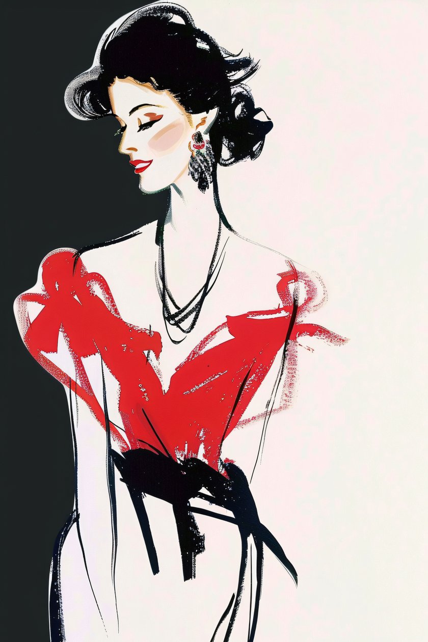 Paris Fashion, Red  black Dress, René Gruau style, French Lady Posing Makeup - F. Abderrahim