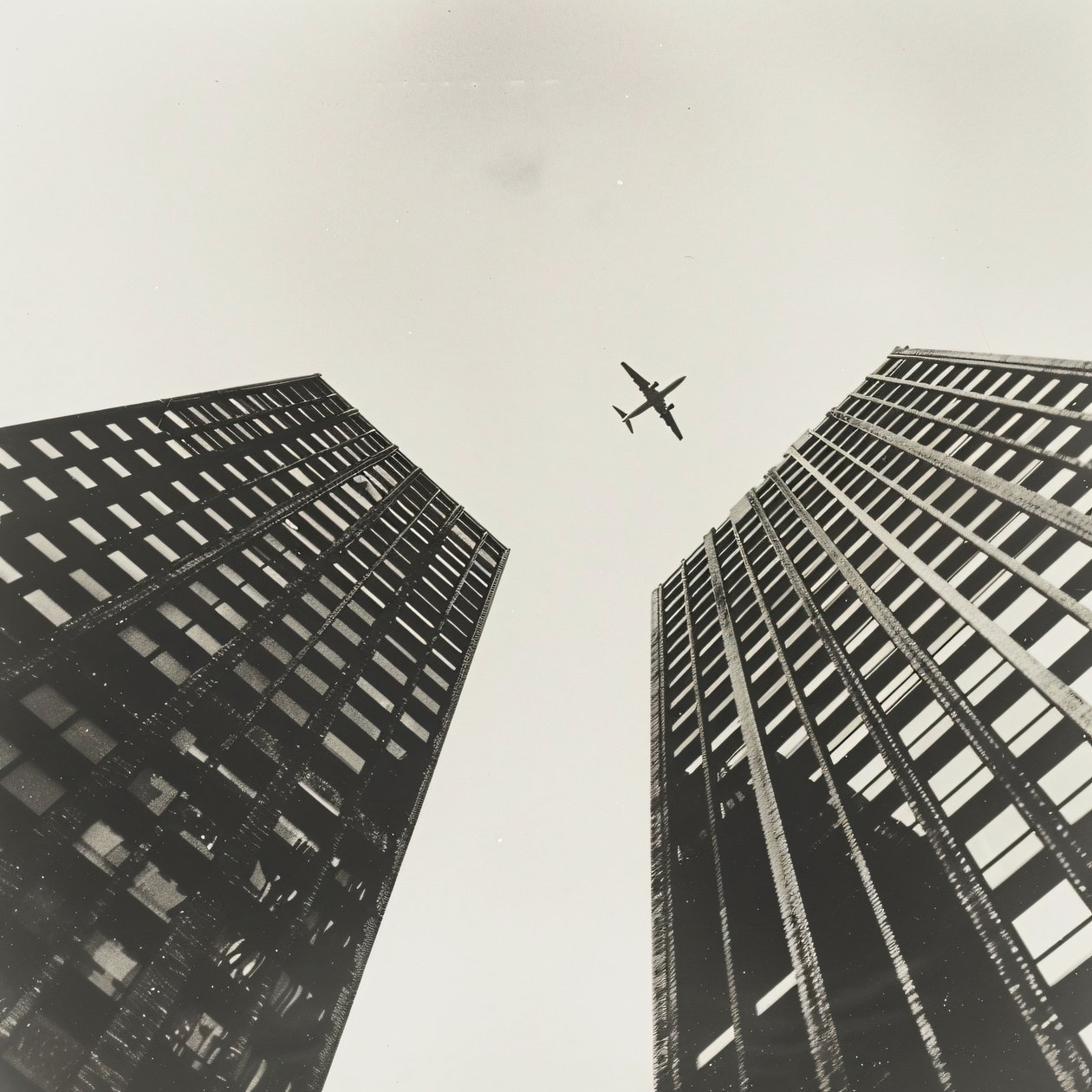 Avion traversant les deux tours, photographie avec  noir, tirages d