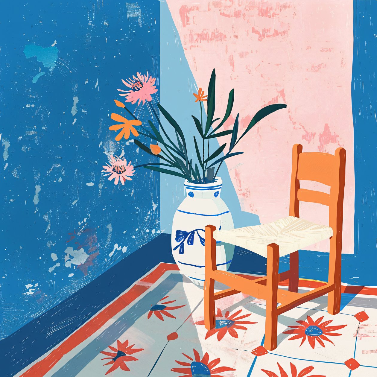 Plantes et chaise mexicaine avec vase en céramique, toiles d