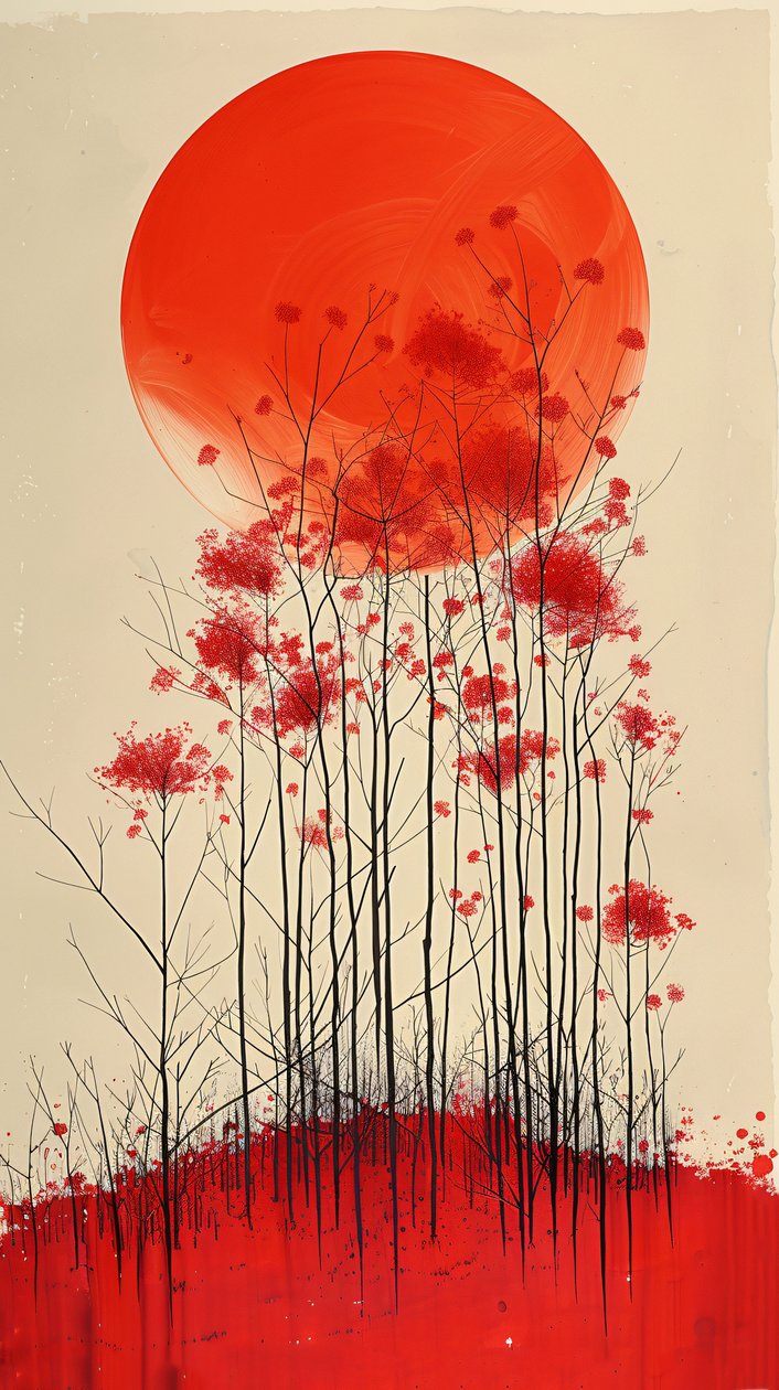 Tableau Coucher de soleil sur une colline de fleurs rouges, Décoration murale verticale à vendre - F. Abderrahim