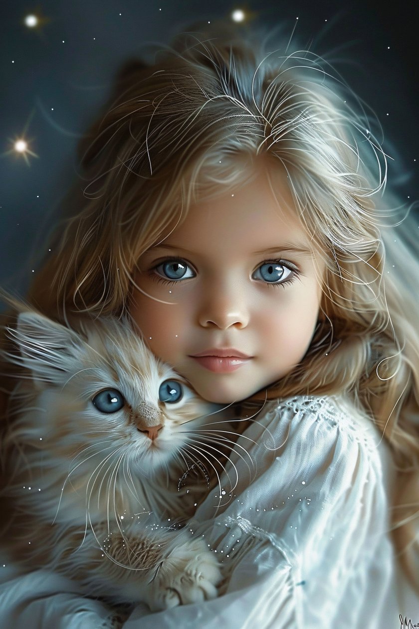 The Girl and Her Cat A Bond of Big Blue Eyes and Love, frame wall decor prints (La fille et son chat : un lien d