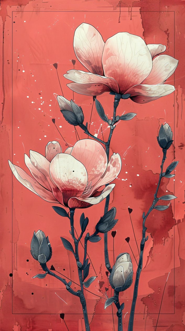Roses blanches sur fond rouge en peinture simple, art mural | impression sur demande - F. Abderrahim