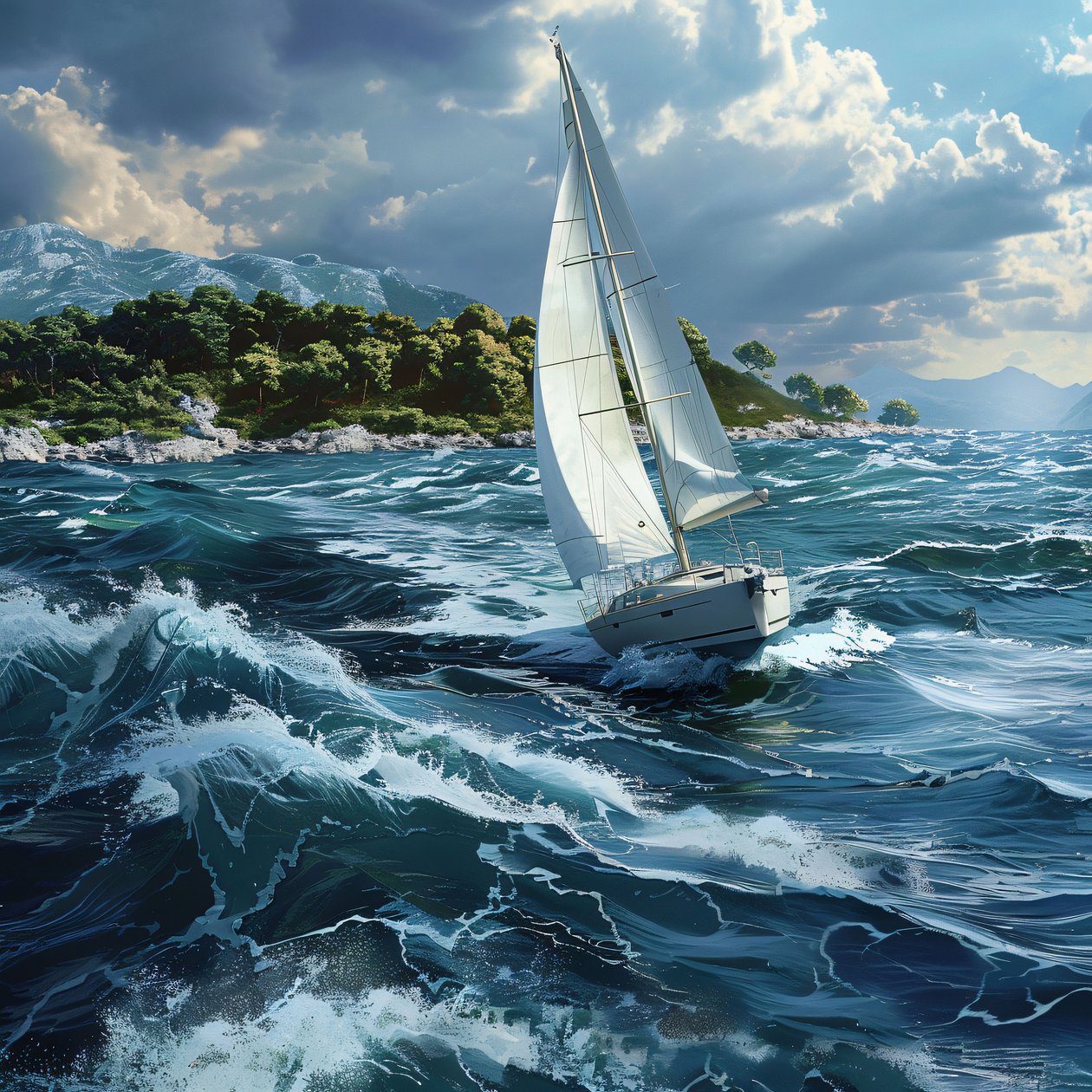 Voilier blanc au bord de la mer, côte croate avec éclairage naturel - F. Abderrahim