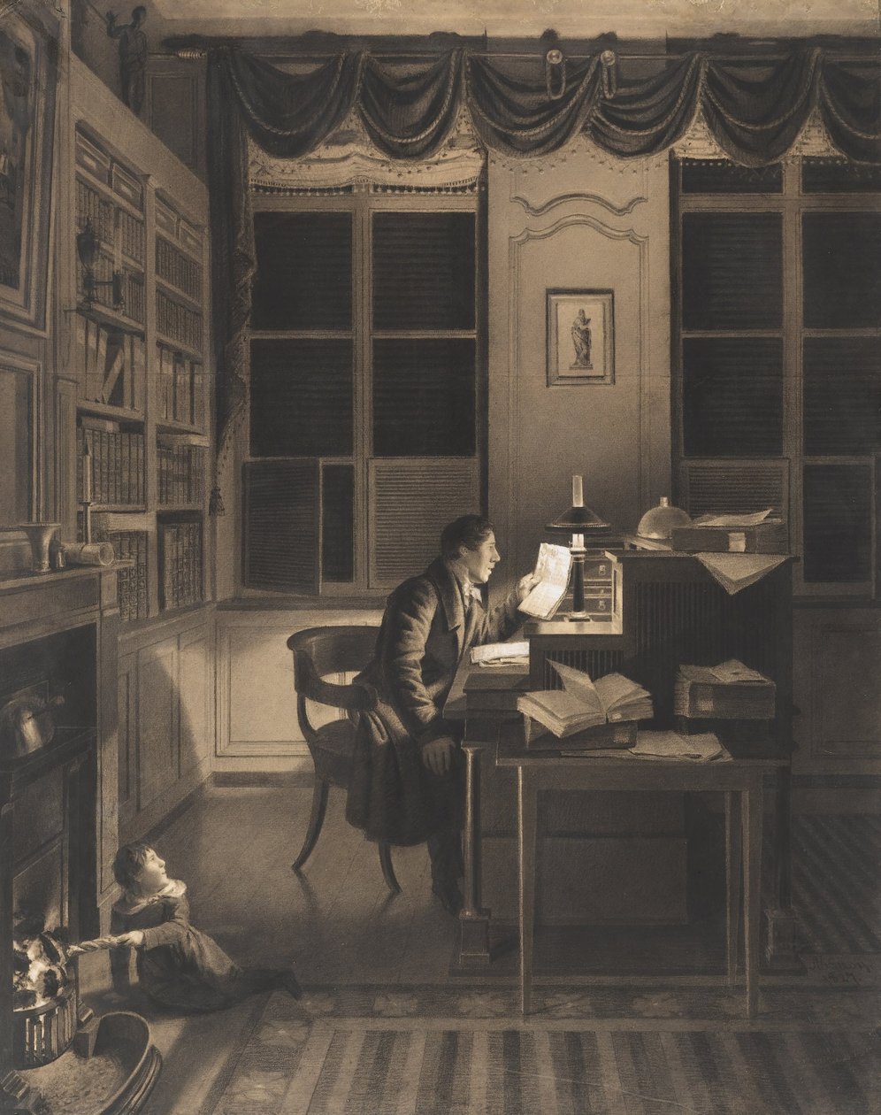 Intérieur avec un homme lisant à son bureau - A. L. Leroy