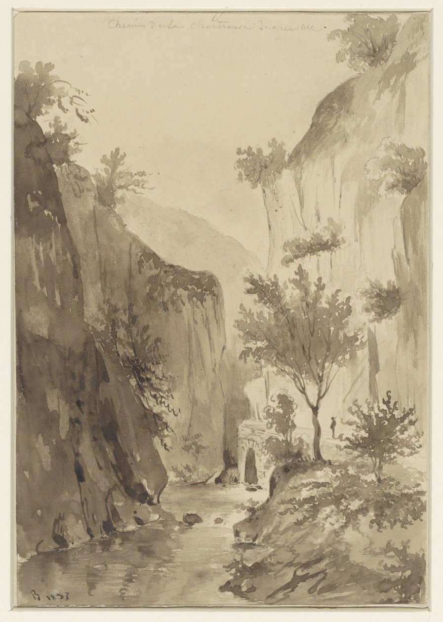 Rivière entre des rochers couverts de végétation; à droite un chemin - A. Regnier