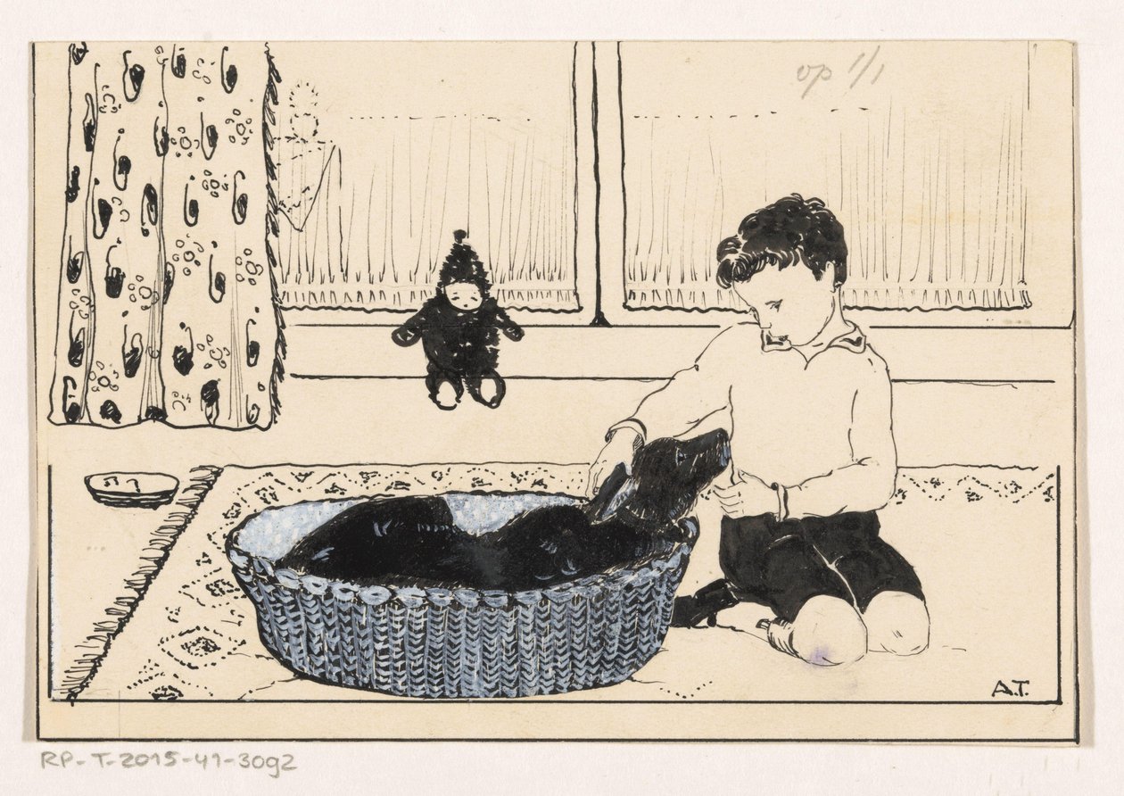 Garçon caressant un chien - A. Tinbergen (signed by artist)