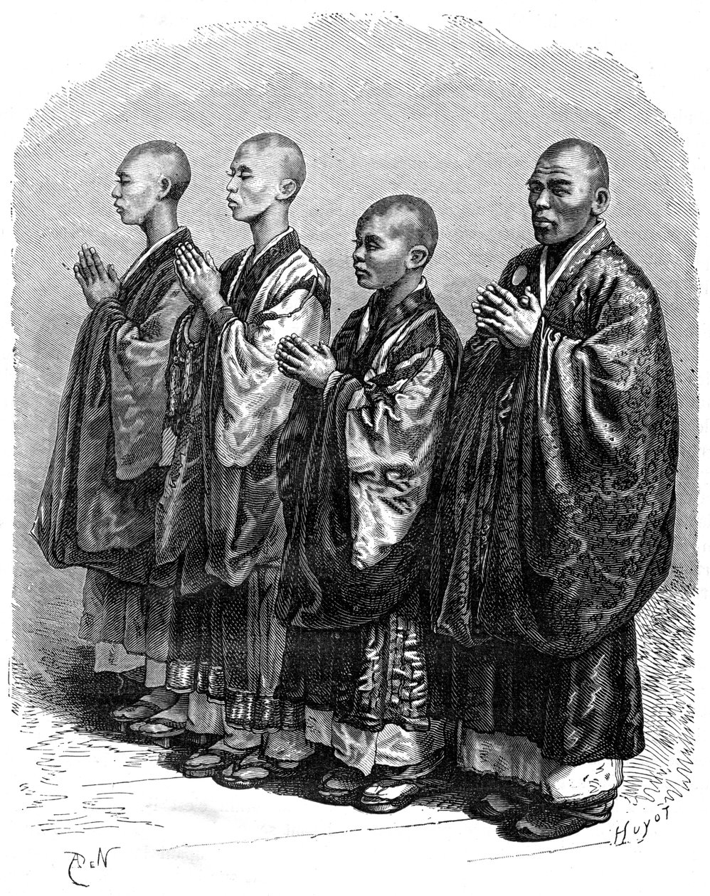 Bouddhistes en prière, Japon, 19e siècle - A. de Neuville