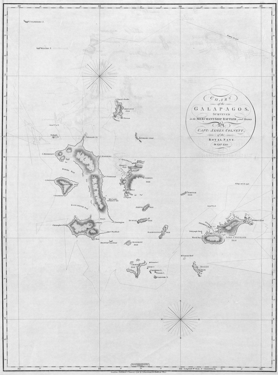Carte des Galapagos, relevée dans le navire marchand Rattler - Aaron Arrowsmith