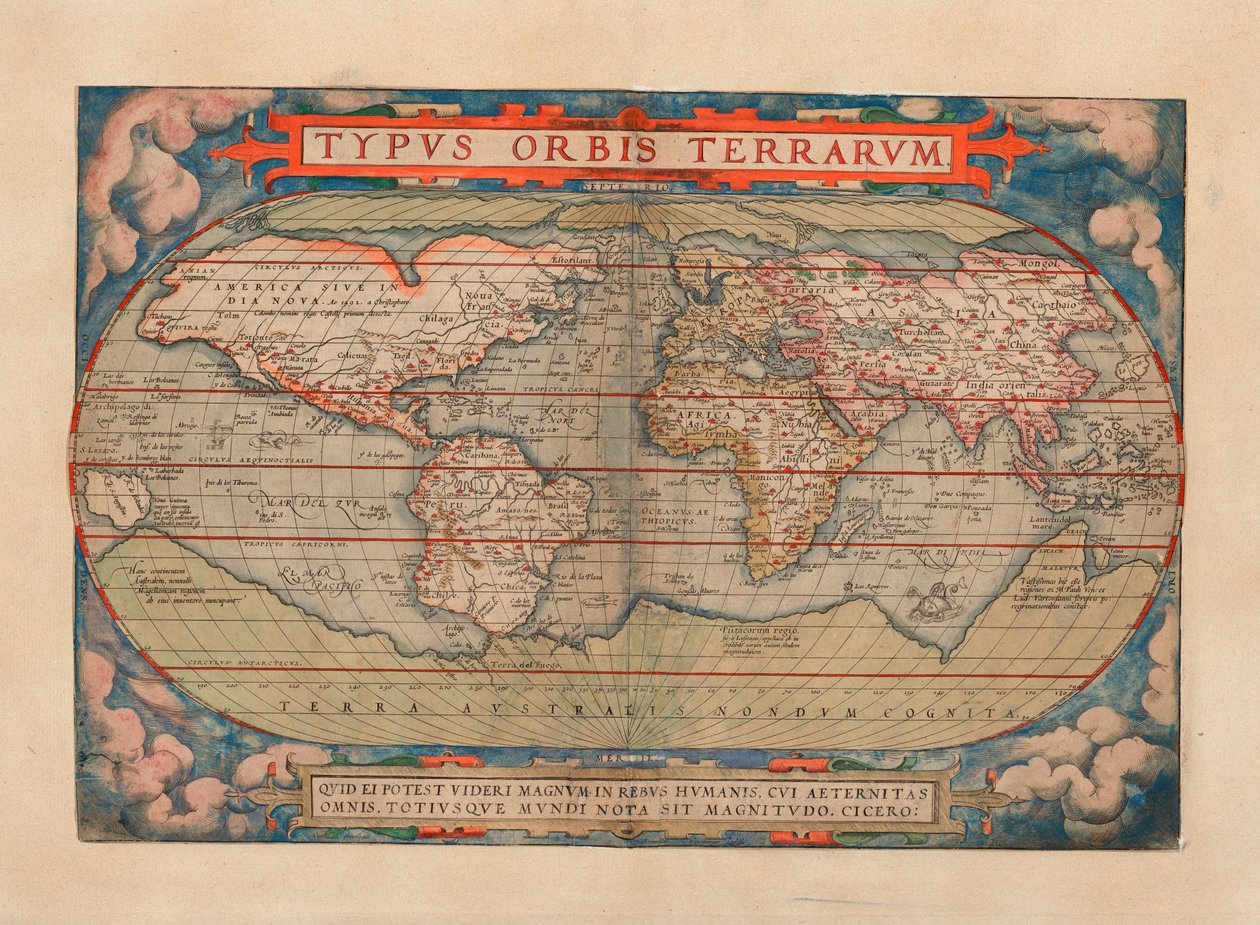 La carte est publiée en (1579) et montre une carte du monde - Abraham Ortelius