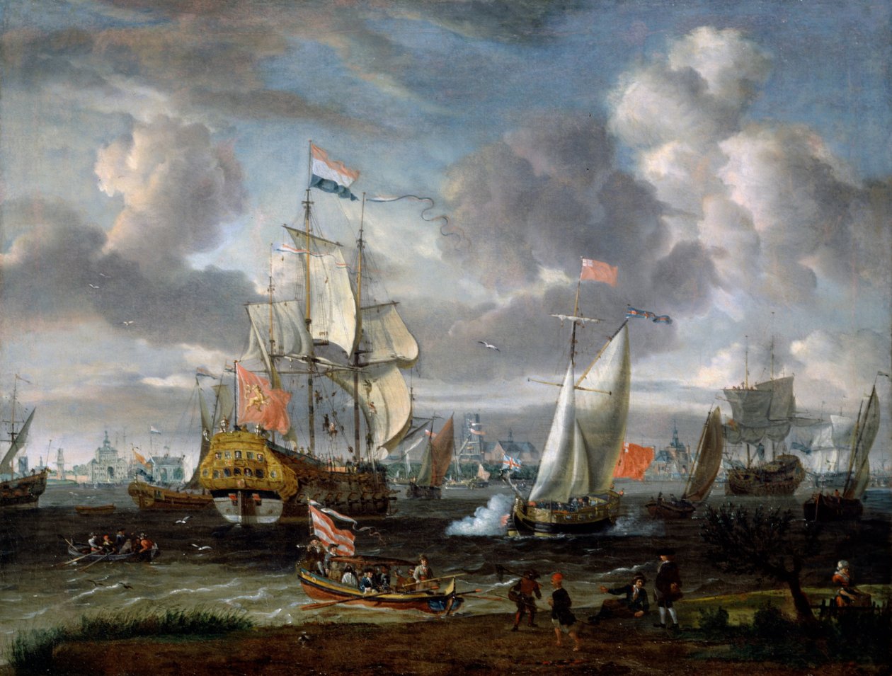 Un yacht anglais saluant un navire de guerre néerlandais dans le port de Rotterdam - Abraham Storck