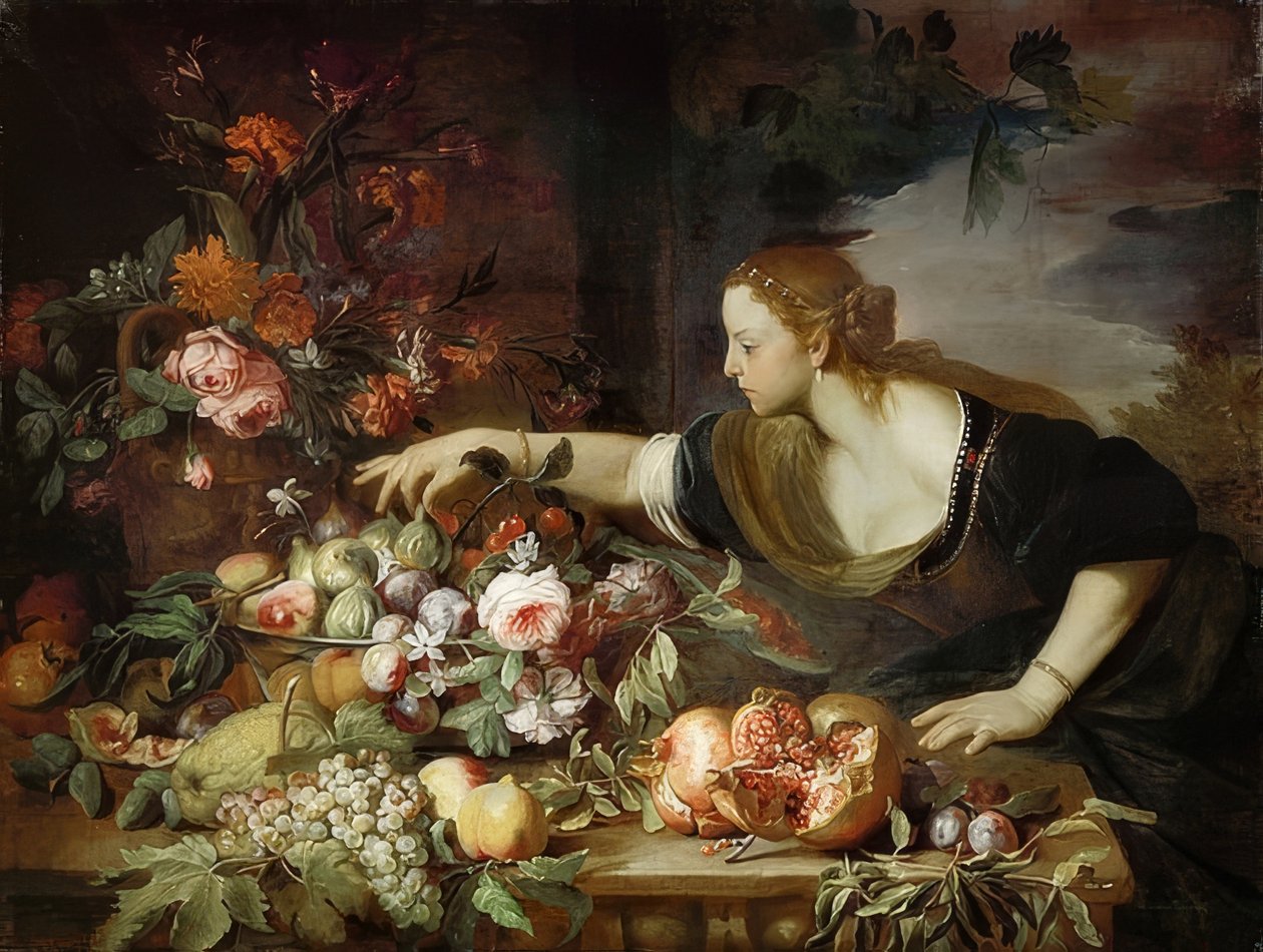 Femme avec des fleurs et des fruits - Abraham Brueghel