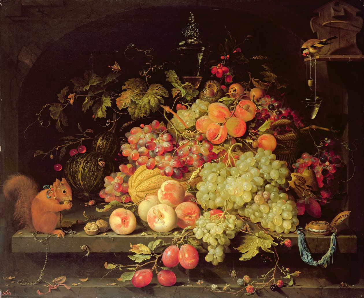 Nature morte avec fruits, écureuil et chardonneret - Abraham Mignon
