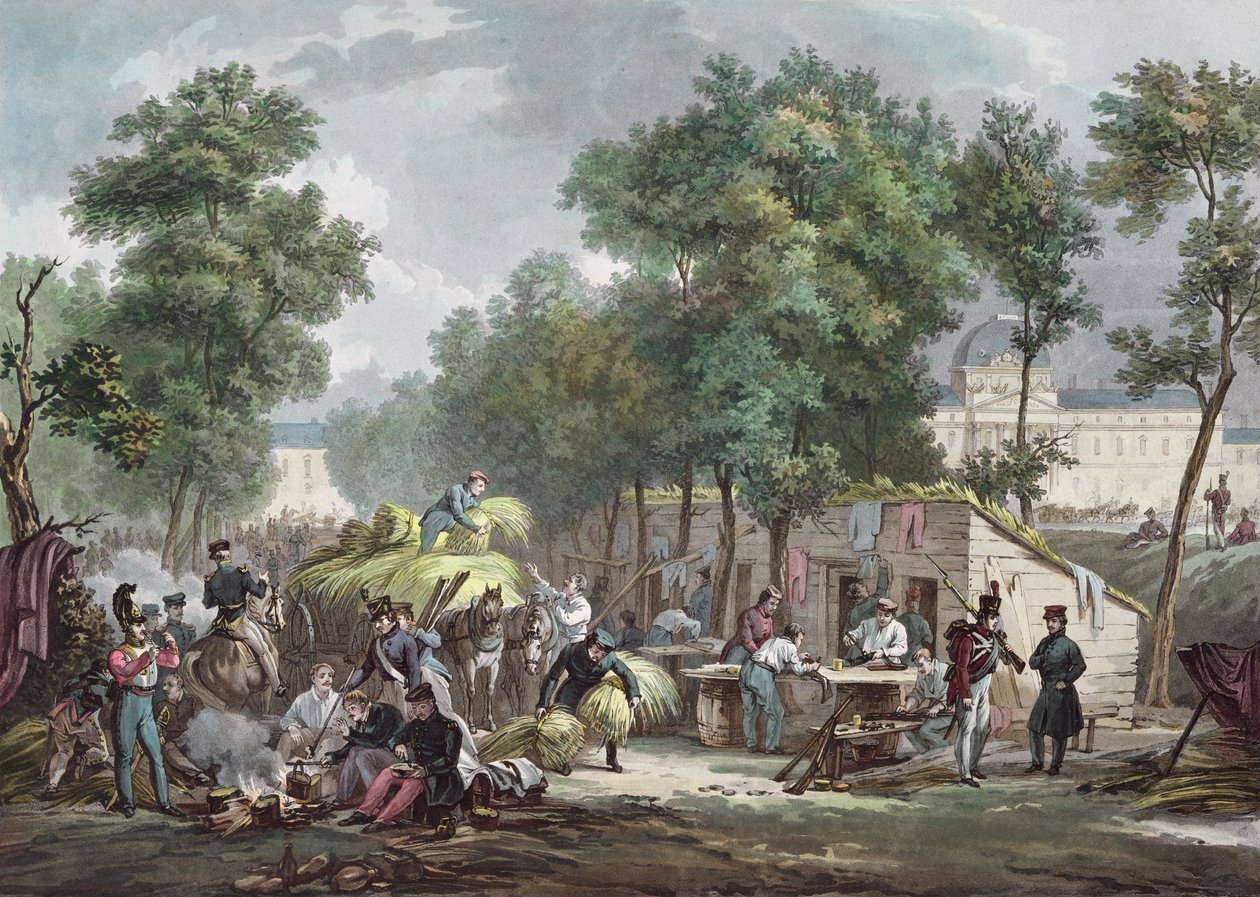 Soldats prussiens bivouaquant aux Champs de Mars, Paris en 1871, gravé par Jazet - Achille Louis Martinet