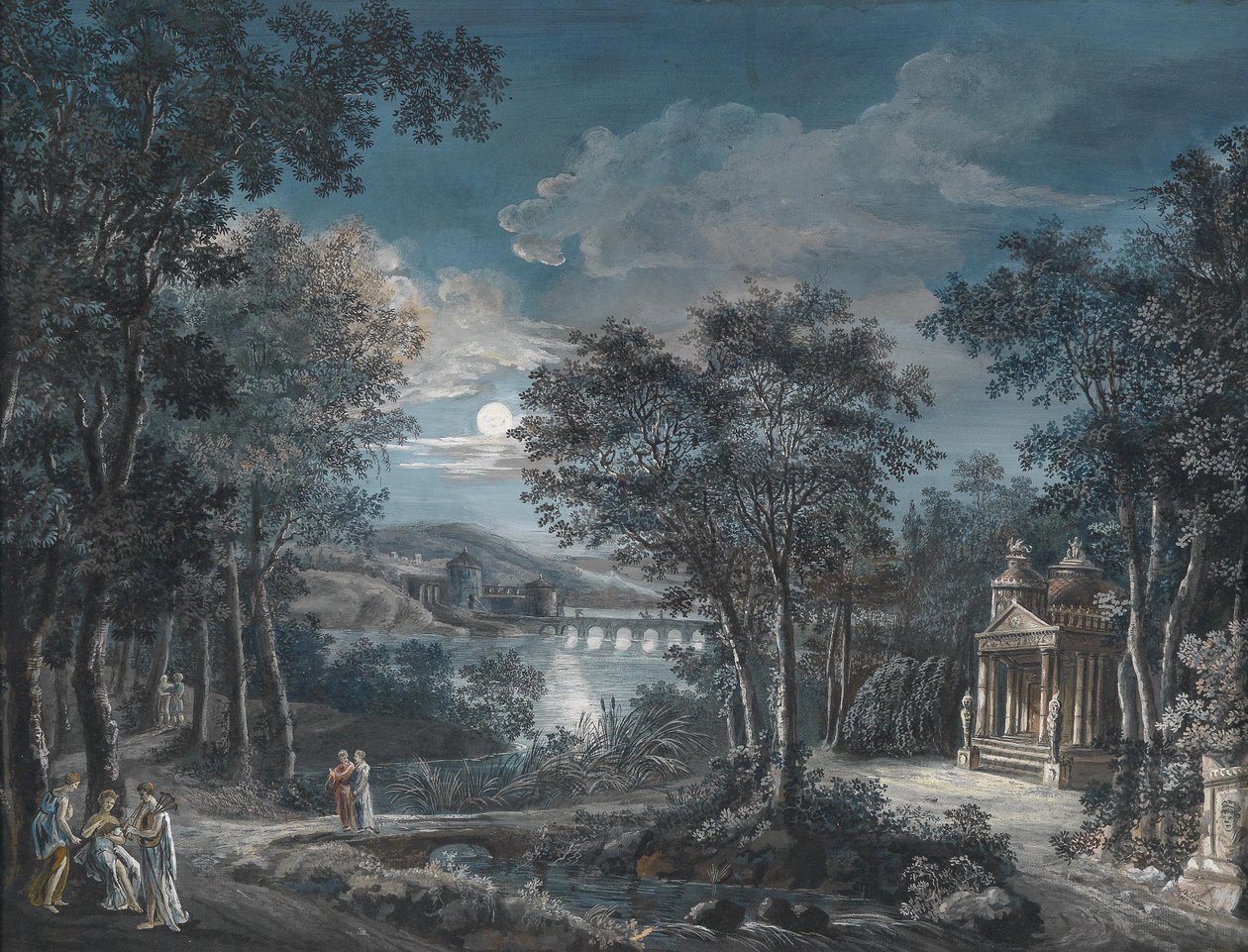 Paysage de parc avec un tombeau, un château et un pont sur un étang au clair de lune - Adelsheim