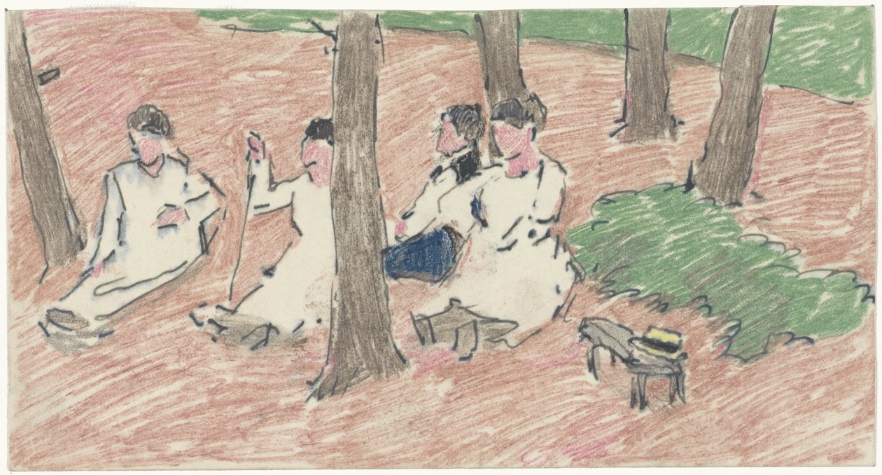 Groupe de personnes assises sous des arbres - Adolf le Comte